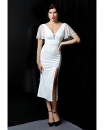 Sequined Flutter Sleeve Split Midi Gown in White