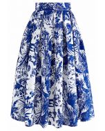 Tropical Groove Jacquard Pleated Midi Skirt in Navy