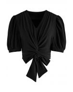 Twisted V-Neck Tie-Bow Crop Top in Black
