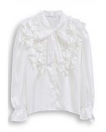 Tie-Neck Ruffle Trim Satin Shirt in White