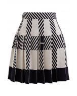 Color Block Striped Pleated Knit Skirt in Ivory