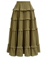 Ruffle Tiered Stripe Texture Maxi Skirt in Olive