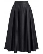 Sleek Side Pockets Pleated A-Line Midi Skirt in Black