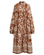 Bohemian Print Bubble Sleeves Frilling Dress