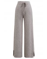 Drawstring Waist Side Slit Knit Pants in Taupe