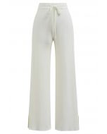 Drawstring Waist Side Slit Knit Pants in Ivory