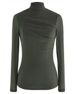 Shimmer Mesh Pleated High Neck Top in Army Green