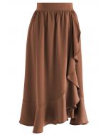 Ruffle Asymmetric Satin Midi Skirt in Brown