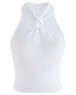 Knot Halter Neck Knit Crop Top in White
