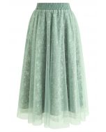 Sequined Floral Lace Mesh Tulle Skirt in Mint