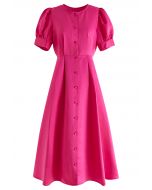 Glossy Satin Button Down Midi Dress in Hot Pink