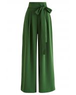 Bowknot High Waist Wide-Leg Pants in Dark Green