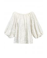 Floral Embroidery Jacquard Lantern Sleeve Top