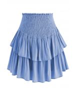 Tiered Ruffle Shirred Waist Mini Skirt in Blue