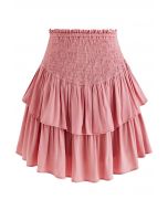 Tiered Ruffle Shirred Waist Mini Skirt in Pink