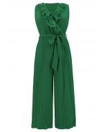 Tiered Ruffle Wrap Plisse Jumpsuit in Green