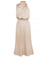 Asymmetric Ruched Neckline Sleeveless Dress in Apricot