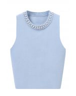 Pearly Neckline Knit Tank Top in Blue