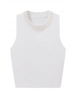 Pearly Neckline Knit Tank Top in White