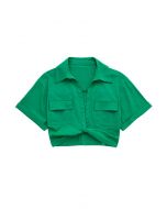 Front Tie Flap Pocket Crop Shirt in Green