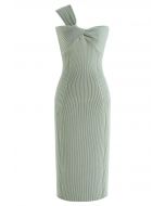 One-Shoulder Knotted Bodycon Knit Dress in Pea Green