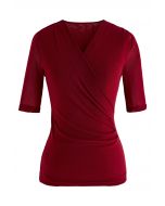 Faux Wrap Soft Mesh Elbow Sleeve Top in Red