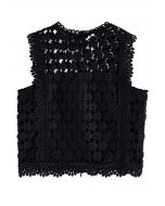 Scalloped Trim Allover Cutwork Lace Sleeveless Top in Black