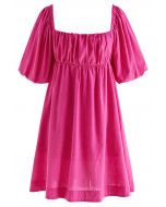 Square Neck Puff Sleeves Tie-Back Dress in Hot Pink