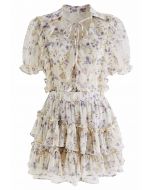 Ruffle Chiffon Top and Tiered Mini Skorts Set in Cream Floral