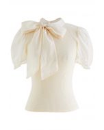 Short Sleeve Detachable Bowknot Spliced Knit Top in Cream