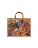 Sequin Floral Embroidered Bamboo Handle Tote Bag in Orange