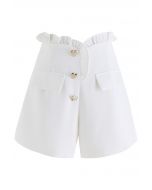 Heart-Shape Buttons Ruffle Trimmed Shorts in White