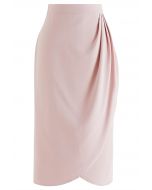 Side Pleated Tulip Midi Skirt in Pink