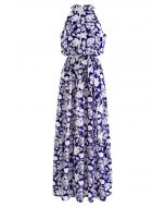 Halter Neck Tie Waist Maxi Dress in Indigo Floral