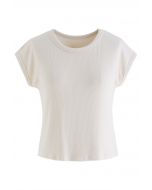 Elegant Crew Neck Cotton Crop Top in Cream