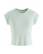 Elegant Crew Neck Cotton Crop Top in Mint