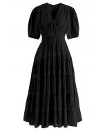 Scalloped V-Neck Checked Midi Dress in Black