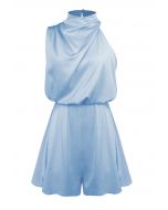 Satin Asymmetric Ruched Neckline Sleeveless Playsuit in Blue