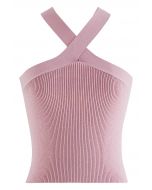 Criss Cross Straps Halter Knit Top in Pink