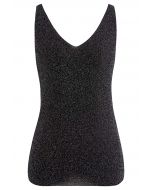 V-Neck Shimmer Knit Tank Top in Black