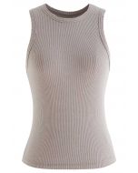 Washed Frayed Edge Ribbed Tank Top in Taupe