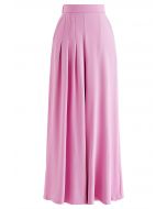 Asymmetric Pleated Chiffon Pull-On Wide-Leg Pants in Hot Pink