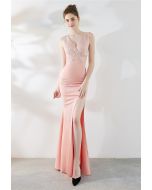 Shiny Rhinestone High Slit Mermaid Gown in Pink