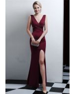 Shiny Rhinestone High Slit Mermaid Gown in Burgundy