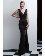 Shiny Rhinestone High Slit Mermaid Gown in Black