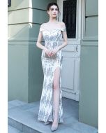 Off-Shoulder Sequin High Slit Gown in White