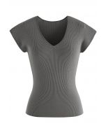 V-Neck Fitted Rib Knit Top in Smoke