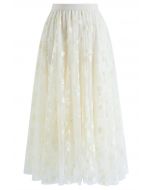 3D Posy Double-Layered Mesh Midi Skirt in Cream