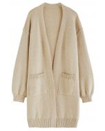 Casual Open Front Oversized Knit Cardigan with Pockets in Light Tan