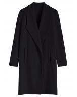 Lapel Open Front Quilted Cotton-Blend Coat in Black